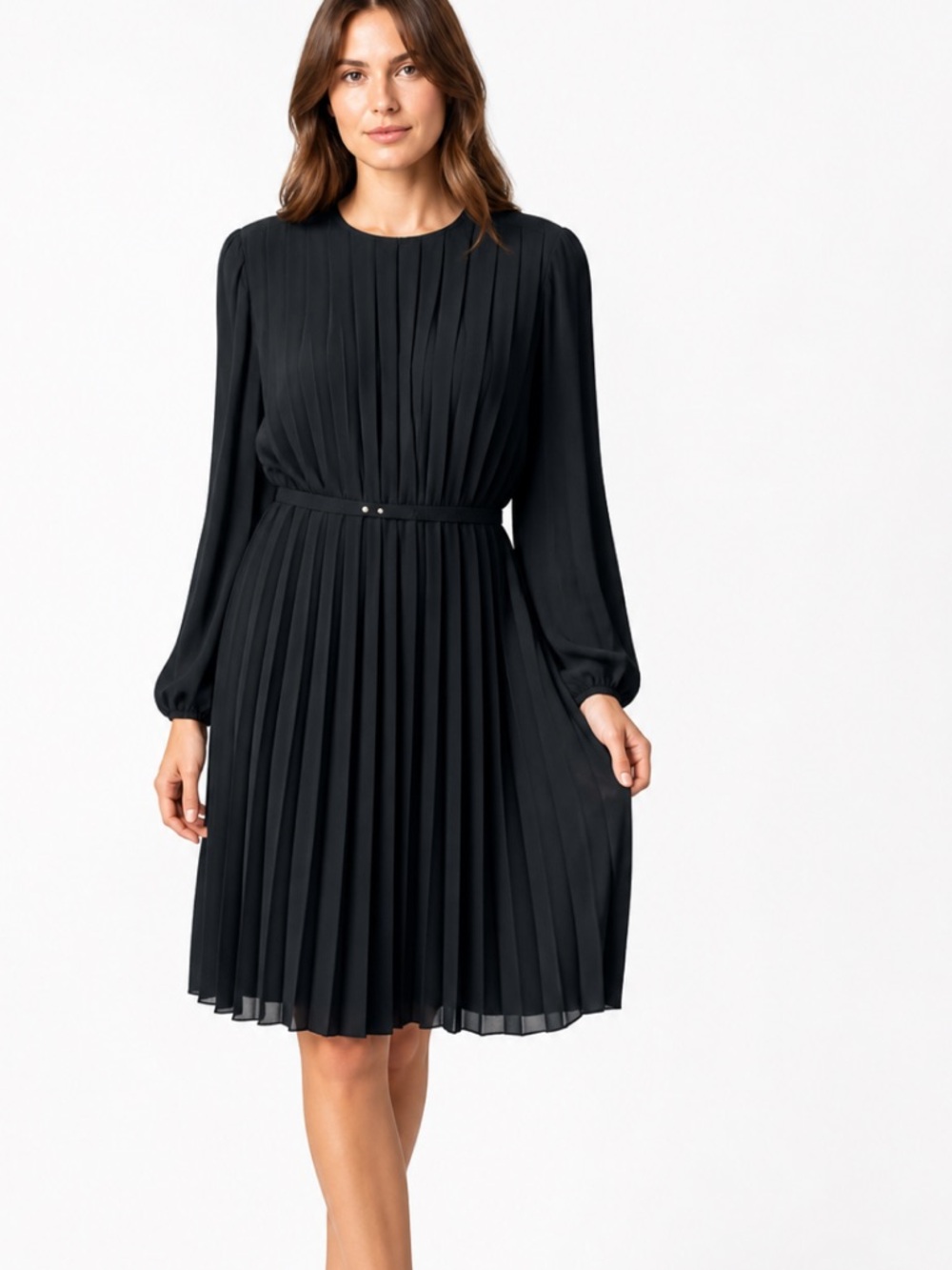 Vintage Jo Hanna by Joan Davis size L Elegant pleated Black Long Sleeve Dress